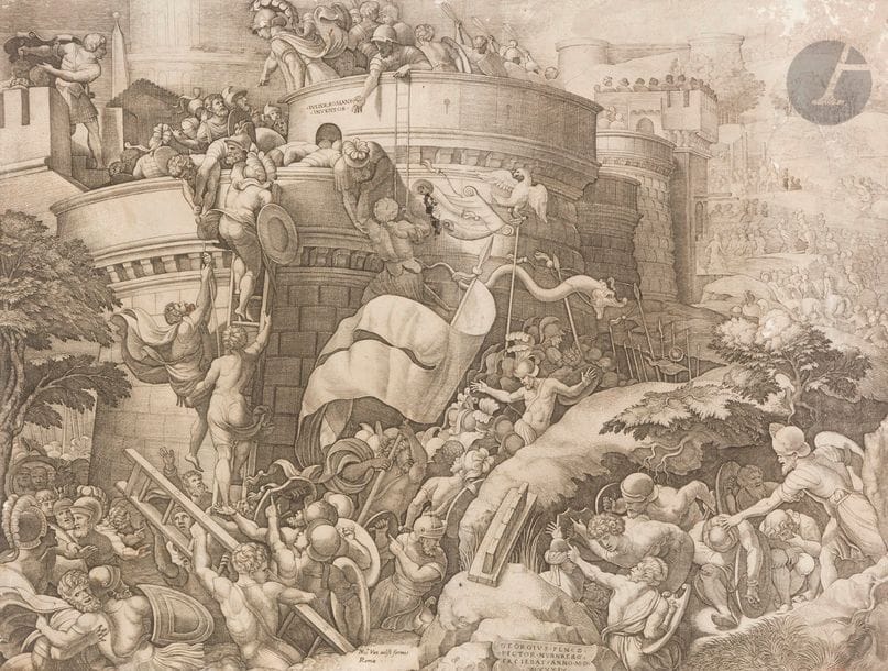 Georg Pencz (c. 1500-1550)
La Prise de Carthage. 1539. Burin d’après Giulio Romano. 545 x 412. Bartsch 86. Bonne épreuve à l’adresse de van Aelst, rognée au sujet, accidentée, avec épidermures, traces de plis et restaurations au verso. Petits manques aux bords du feuillet et dans le sujet en tête à droite. 