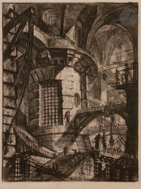 Giambattista PIRANESI (1720-1778)
La Tour circulaire. (Carceri, pl. III). 1749-1760. Eau-forte. 415 x 550. Robison 30 (v/vi). Belle épreuve avec le numéro III à gauche en tête. Rousseurs claires éparses. Menus accidents et courtes déchirures aux bords du feuillet. Toutes marges. 