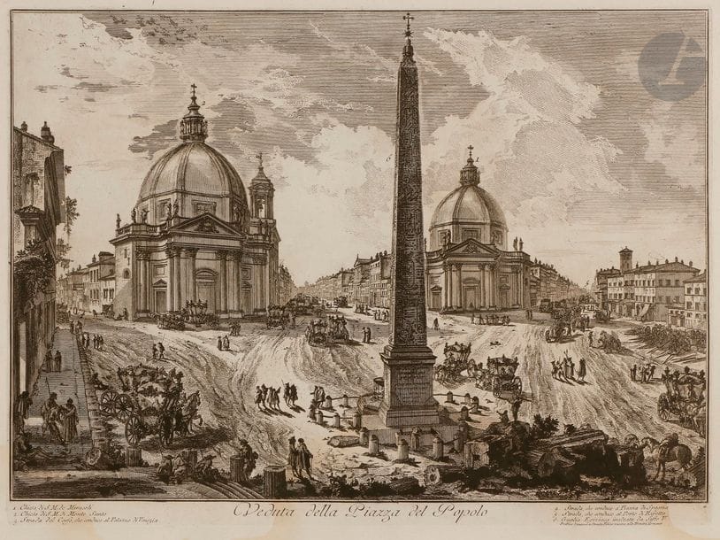 Giambattista PIRANESI (1720-1778)
Veduta della Piazza del Popolo. 1750. Eau-forte. 550 x 400. Hind 14 (v/vii). Très belle épreuve sur vergé blanc, avec le numéro 4. Trous de reliure au bord gauche. Large auréole claire d’humidité en pied. Toutes marges. 