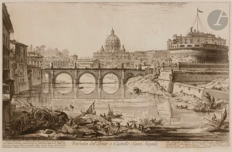 Giambattista PIRANESI (1720-1778)
Veduta del Ponte e Castello Sant’Angelo (le château Saint-Ange). 1754. Eau-forte. 585 x 378. Hind 29 (iv/vi). Très belle épreuve sur vergé fort, le prix effacé, avant les numéros. Trous de reliure au bord gauche. Large auréole claire d’humidité en pied. Traces de plis horizontales. Toutes marges. 1er tirage parisien. 