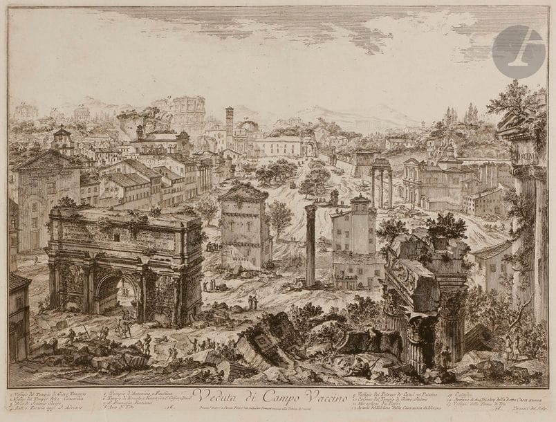 Giambattista PIRANESI (1720-1778)
Veduta di Campo Vaccino (le Forum romain). 1775. Eau-forte. 550 x 410. Hind 40 (iv/vi). Belle épreuve sur vergé fort, avec les numéros 16 et 78 dans la tablette. Pli de séchage vertical médian. Trous de reliure au bord gauche. Rousseurs claires et auréoles d’humidité en pied. Pli oblique dans la partie gauche du sujet. Plis et déchirures au bord supérieur, sommairement consolidés au verso. Toutes marges. 1er tirage parisien. 