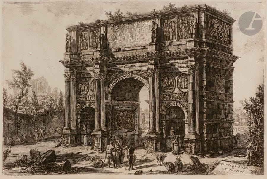 Giambattista PIRANESI (1720-1778)
Veduta dell’ arco di Costantino (arc de Constantin). 1771. Eau-forte. 705 x 470. Hind 97 (i/iii).Très belle épreuve sur vergé fort, avant les numéros. Trous de reliure au bord gauche. Quelques courts plis cassés. Toutes marges. 1er tirage parisien. 