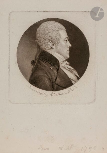 Charles Balthazar Julien Févret de Saint-Mémin (1770-1852)
Portraits de personnages américains gravés d’après des dessins au physionotrace (Benjamin West, Lady Erskin, Mrs Gilmore, Mrs Law, Meriwether Lewis, W. C. Sommerwell, J. W. Eppes, Robert Wescott, Lewis Smith, Dr Leib, M. de Lagrange, H. T. Livingston, Theodore Sedgwick, général Smith, général Jonathan Williams, etc.) ; Portrait de Louis-Bénigne Baudot. 1797-1808. Eau-forte, aquatinte et roulette. Chaque env. 65 x 70. Très belles épreuves, certaines portant la mention « Drawn and engrd by St-Memin » à la pointe et le nom de la ville (Philadelphie ou New York), la plupart avec le nom du modèle en pied au crayon. Quelques rousseurs claires. Petites ou bonnes marges. Joint : autre portrait gravé sur acier. Ens. 48 p.

 Né à Dijon, Févret de Saint-Mémin émigre après la Révolution avec ses parents en Suisse, où il apprend la gravure. En 1793, la famille émigre au Canada puis aux États-Unis. Sa mère fonde une école de filles à Philadelphie. Charles s’associe à New York avec l’artiste français Thomas Bluget de Valdenuit (1763-1846), et ensemble ils introduisent le portrait au physionotrace aux États-Unis. Il rentre en France en 1814 après avoir laissé plusieurs centaines de portraits au physionotrace, dont ceux de George Washington et Thomas Jefferson. Il est nommé conservateur du musée de Dijon. Une importante collection de ses portraits est conservée à la National Gallery de Washington.
« Le physionotrace rejette les longues et conventionnelles séances de pose, imposées par les peintres en miniature, dans un passé archaïque. Tout se passe très vite. Le modèle se place entre une source de lumière et un grand papier calque sur lequel se détachent les contours de son profil. L’œil et la main guidés par un pantographe et un viseur, l’artiste trace en quelques instants la silhouette grandeur nature, la duplique par la suite (c’est le cas des appareils français) ou en même temps grâce à un second pantographe relié au premier (pour un certain nombre d’appareils américai