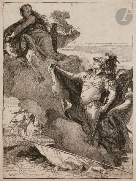 Giovanni Domenico TIEPOLO (1727-1804)
Énée reconnaissant Vénus au moment où elle disparaît dans un nuage (Énéide, chant 1). 1750. Eau-forte d’après une fresque de Giovanni Battista Tiepolo (villa Valmarana, Vicence). 170 x 233. De Vesme 86 ; Rizzi (1971) 137. Très belle épreuve du 1er état (sur 2), avant les numéros. Petites rousseurs claires. Légères traces de plis. Petites marges. Filigrane : écu avec trois croissants.
