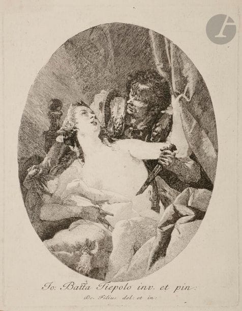Giovanni Domenico TIEPOLO (1727-1804)
Tarquin et Lucrèce ; Trois femmes présentant à Cléopâtre les cadeaux de Marc-Antoine. Vers 1750. Eau-forte d’après Giovanni Battista Tiepolo. 179 x 230 et 185 x 235. De Vesme 88 et 89 ; Rizzi (1971) 103 et 104. Très belles épreuves du 1er état (sur 2), avant le numéro. Un petit trait d’encre sépia à 1a 1re en bas à droite (hors du sujet). Petites marges. Ens. 2 p. 