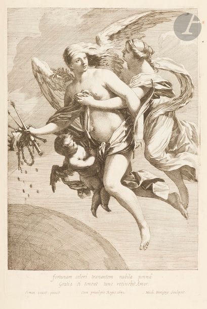 Simon Vouet (1590-1649) (d’après)
Un album grand in-fol. comportant 135 gravures (certaines volantes, la plupart reliées) d’après Vouet, par Audran, Daret, David, Dorigny, Lasne, Mellan, Perrier, Tortebat, etc. Rousseurs, empoussiérage, auréoles claires d’humidité. Inscriptions anglaises à la plume et à l’encre sépia à certaines pl. Toutes marges (sauf à certaines pl. volantes). 1er plat dérelié. 

 Pour une étude approfondie des rapports entre Simon Vouet et ses graveurs au sein de son atelier, voir Alvin L. Clark, Jr., « Simon Vouet and his Prinmakers : Posterity, Prosperity and Process », in Sue Welsh Reed, dir., French Prints from the Age of the Musketeers, Boston, MFA, 1998.
Dans son atelier parisien très actif, Vouet avait une approche systématique de la gravure qui lui servait à diffuser ses sujets. Il possédait sa propre presse et détenait un privilège l’autorisant à imprimer et vendre ses inventions. Son inventaire après décès recense les 109 cuivres gravés par ses nombreux graveurs (parmi lesquels ses deux beaux-fils Dorigny et Tortebat ainsi que des neveux). Notre album, très complet, compte 135 sujets, or Clark en recense 132, en incluant les 23 sujets rajoutés aux 109 plaques existantes par ses beaux-fils Dorigny et Tortebat.