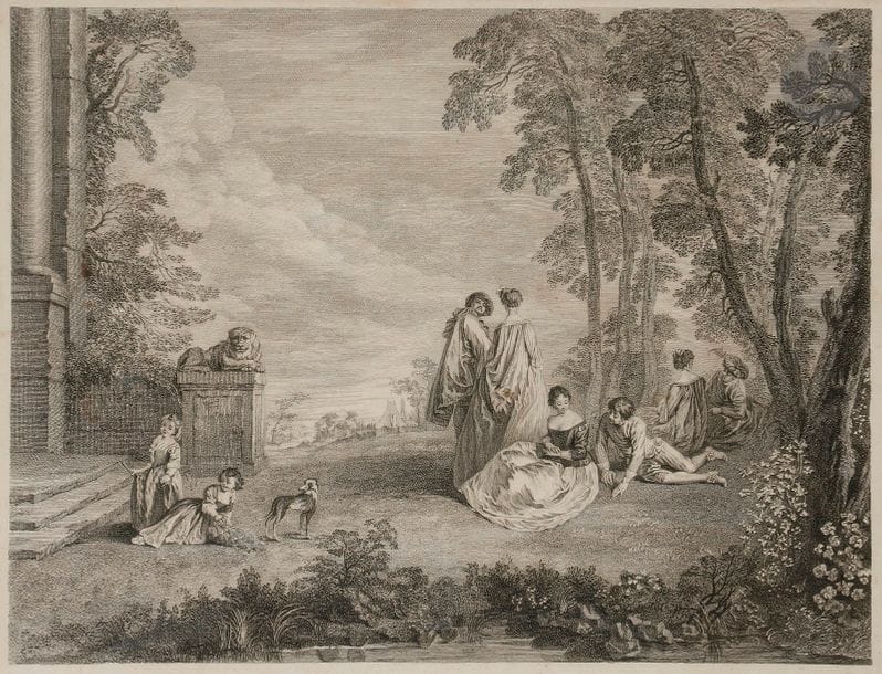 Jean-Antoine Watteau (1684-1721) (d’après) 
Entretiens amoureux. Eau-forte par Liotard. À vue : 485 x 400. Dacier et Vuaflart 124. Belle épreuve d’un état non décrit, le sujet terminé mais avant la lettre. Oxydation sous le passe-partout. Marges du cuivre. Cadre (certificat manuscrit de Maurice Rousseau, en date du 28 mai 1924, sur une étiquette au verso).