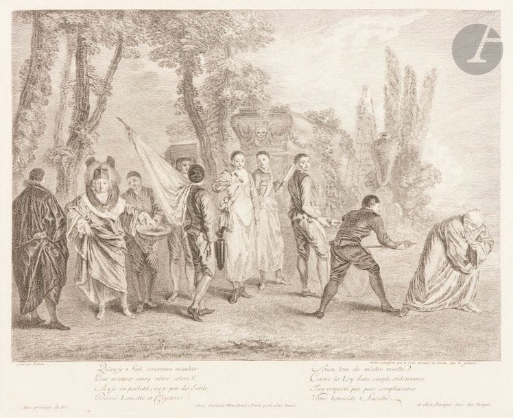 Jean-Antoine Watteau (1684-1721) (d’après) 
« Qu’ay je fait assassins maudits… » (Watteau malade se dérobant à la médecine). 1727. Gravé par le comte de Caylus et Joullain. 375 x 305. Dacier et Vuaflart 150. Très belle et fraîche épreuve du 3e état (sur 6), avant le nom de Surugue rajouté à celui de Gersaint. Toutes marges. 

 Cette estampe fit l’objet de la première annonce publiée par le marchand Gersaint dans le Mercure de France de novembre 1727 : « Il paroit depuis peu deux estampes nouvelles, très bien gravées d’après les tableaux de Watau. La première, qu’on peut appeler satyrique, est en large & représente un Malade en fuite, poursuivi par des porte-seringues. L’auteur y a placé son médecin d’une manière très comique… » (cité par Dacier et Vuaflart). 