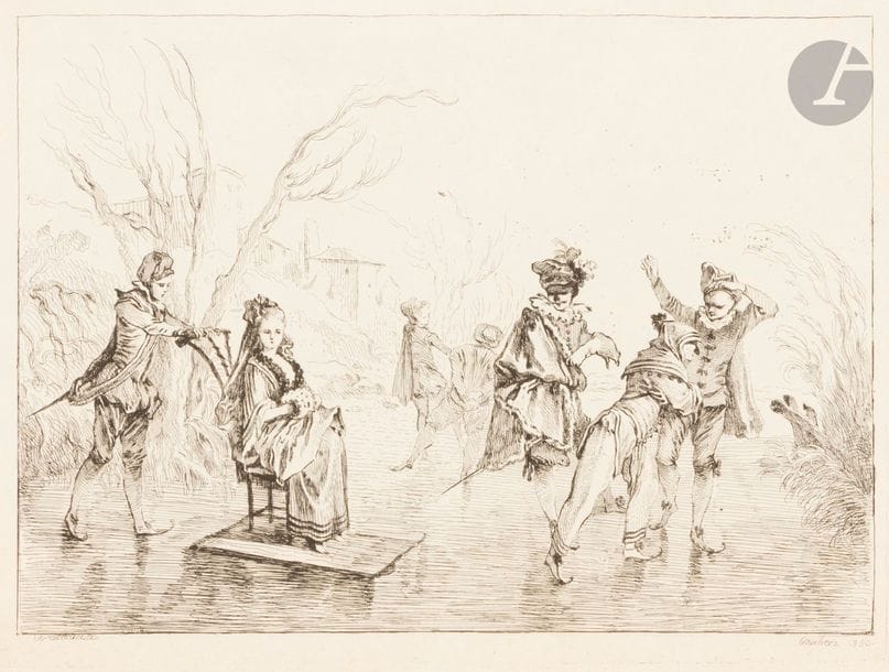 Jean-Antoine Watteau (1684-1721) (d’après) 
Les Plaisirs de l’hiver. (Pl. 350 des Figures de différents caractères). Eau-forte par Boucher. 325 x 240. Très belle épreuve. Toutes marges. 