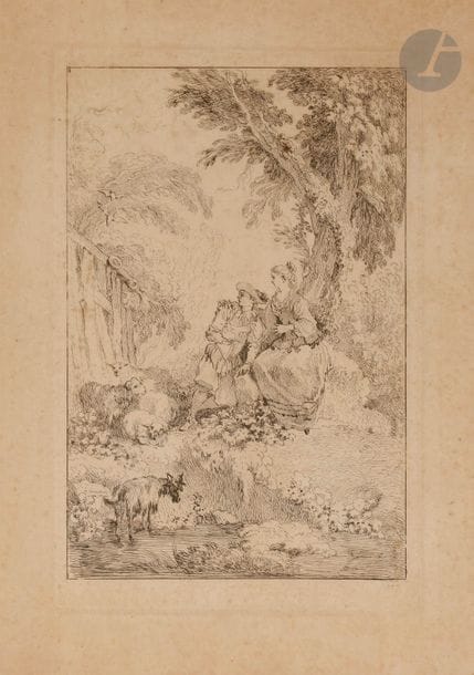 Jean-Antoine Watteau (1684-1721) (d’après) 
Pastorale ; Les Plaisirs de l’hiver. (Pl. 337 et 350 des Figures de différents caractères). Eau-forte, la 2e par Boucher. 325 x 240. Bonnes épreuves oxydées. Rousseurs claires. Toutes marges. Cadres. Ens. 2 p. 