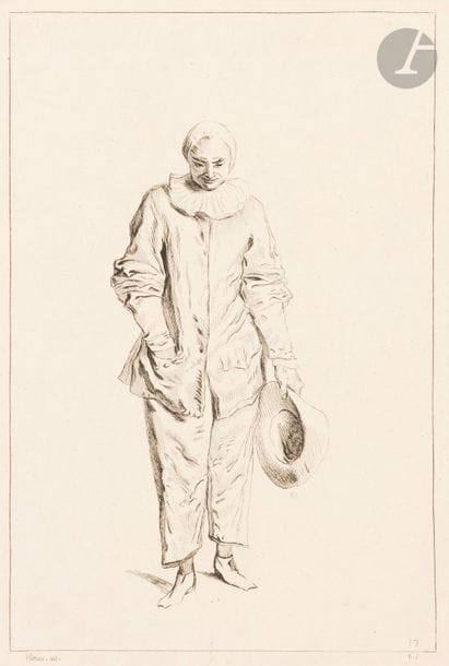 Jean-Antoine Watteau (1684-1721) (d’après) 
Études d’hommes ; Pierrot saluant. (Pl. 17, 115 et 131 des Figures de différents caractères). Eau-forte par Boucher. Formats divers. Très belle épreuve de 1er tirage, avant les fonds. Toutes marges. Ens. 3 p.