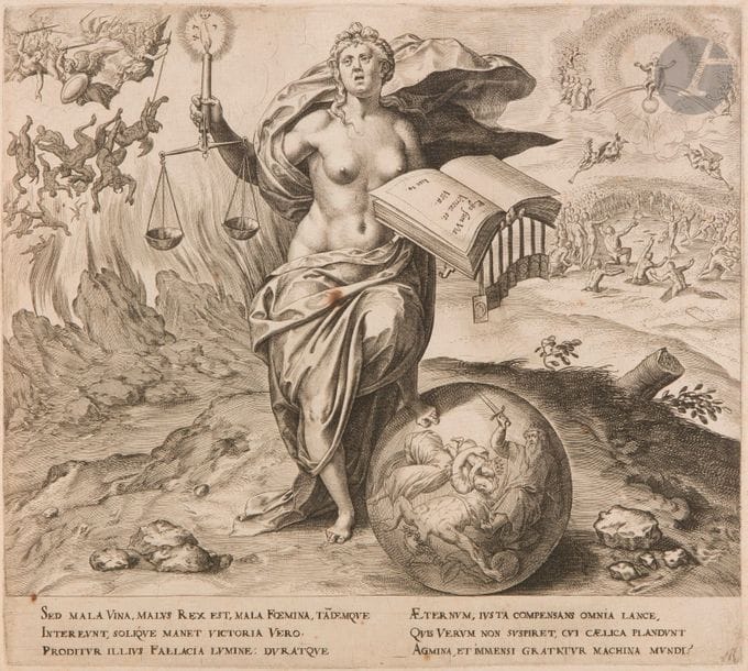 JOHANNES WIERIX (1549-1620)
Le Pouvoir de la Vérité (Sed mala vina, malus rex…) Burin. 274 x 238. Hollstein 1836. Très belle épreuve, les traits de mise en place encore visibles dans la tablette. Quelques points de rouille. Filets de marges. Ex-coll. G. Usslaub (Lugt 1221). Joint : Hieronymus Wierix. La Charité. Burin. 330 x 290. Hollstein 1703. Belle épreuve rognée sur le coup de planche à droite. Auréoles claires d’humidité. Petits trous anciennement compensés au verso. Marges étroites sur trois côtés. Ens. 2 p.