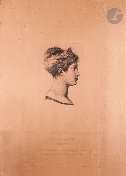 Léopold Flameng (1831-1911)
Marie-Louise impératrice. 1868. Cuivre gravé à l’eau-forte d’après Prud’hon. 185 x 255. I.F.F. 145. Biseauté, les angles arrondis. Lignes de texte gravées sous le sujet, dont la mention : « Gravé par L. Flameng d’après un dessin de P. P. Prud’hon / de la Collection de Mr Eudoxe Marcille » puis « P. Ducrocq Editeur » et « Imp. A. Salmon Paris ». Petites traces de frottement en surface. 

Sujet paru dans M. de Lescure, Napoléon et sa famille, Paris, P. Ducrocq, 1868 (ouvrage contenant 12 gravures).