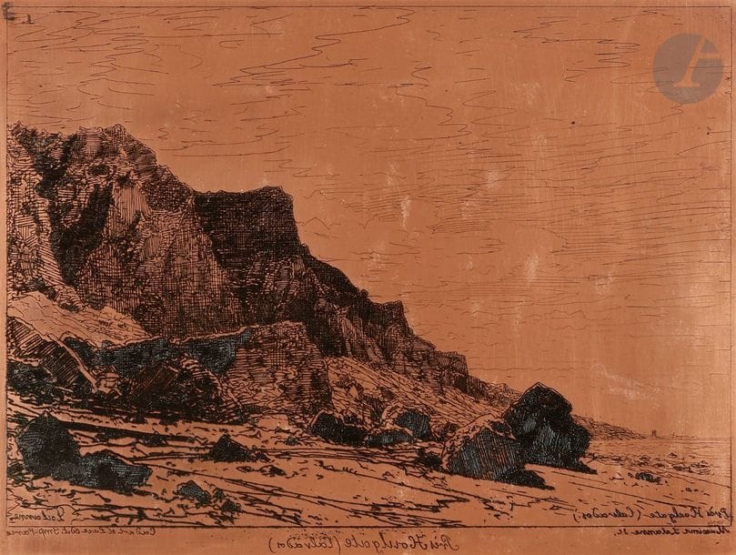Maxime LALANNE (1827-1886)
Près Houlgate (Calvados). (Pl. de la série des Douze Croquis à l’eau-forte, Cadart et Luce éd). 1869. Cuivre gravé à l’eau-forte. 160 x 120. I.F.F. 21-8. Biseauté, les angles arrondis. Titré et signé dans le sujet puis dans la tablette.