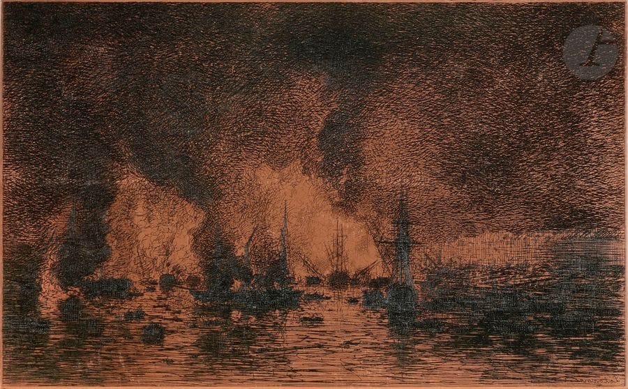 Maxime LALANNE (1827-1886)
Incendie dans le port de Bordeaux. (Pl. pour L’Illustration Nouvelle, Cadart éd). 1869. Cuivre gravé à l’eau-forte. 223 x 140. I.F.F. 22-2. Biseauté, les angles arrondis. Signé en bas à droite.