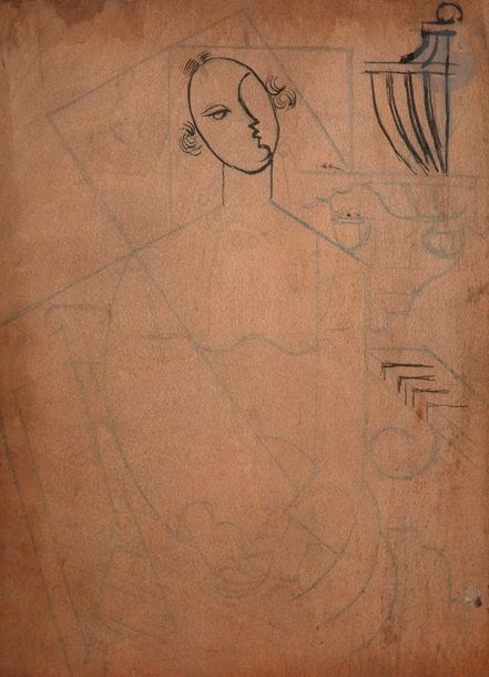 André LHOTE (1885-1962)
Femme dans un intérieur. (Sujet pour illustrer une brochure de la salle Lyre & Palette). Vers 1916-1917. Bloc de bois gravé à la gouge. 180 x 255 x 20. Monogrammé dans le sujet en bas à gauche. Joint : deux autres blocs de bois (essais) pour le même sujet, l’un 145 x 200 x 15, portant le sujet esquissé au crayon et à l’encre, l’autre étude pour le visage seul, partiellement gravé, 180 x 85 x 20. Joint : cliché-trait en relief sur bloc de bois. Ens. 4 p. 
