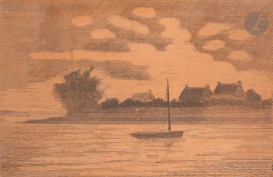 Pierre DUBREUIL (1891-1970)
Crépuscule au Gréo. 1964. Cuivre gravé au burin. 148 x 100. Biseauté, les angles arrondis. Joint : même sujet. Réunion de 2 épreuves sur vergé ancien, l’une numérotée et signée, l’autre d’un tirage en carte de vœux, annotée et signée au crayon. Ens. 3 p. 
