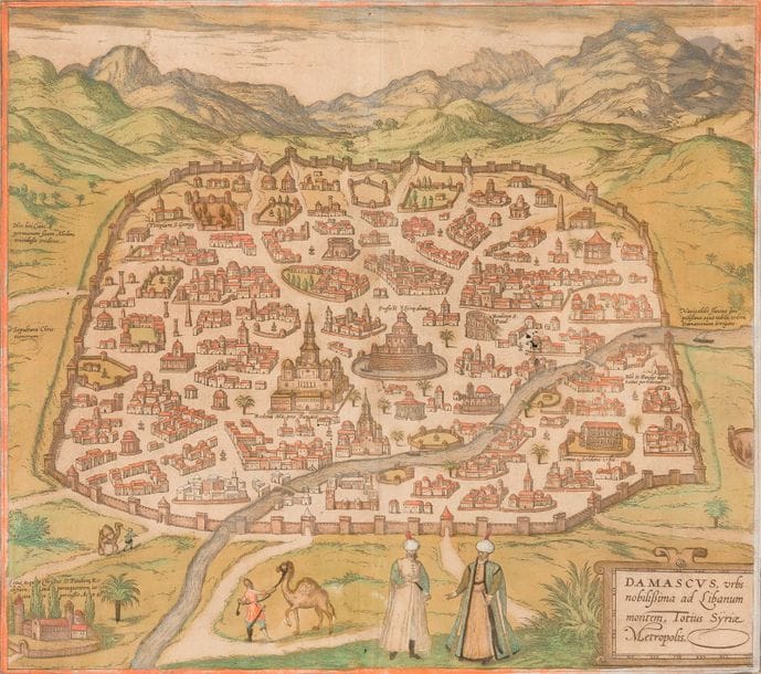 Cartographie – Topographie
[Damas]. Damascus, urbs nobilissima ad Libanum montem, Totius Syriae Metropolis. (Pl. de l’atlas de Braun et Hogenberg, Civitates Orbis Terrarum). 1572-1590. Burin. 355 x 318. Épreuve en coloris du temps, manquant de conservation (trous de vers épars, oxydation, manques dans l’angle inférieur droit du feuillet, menus accidents). Texte typographié au verso.