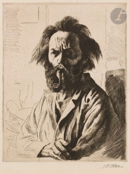 DIVERS
Portraits d’artistes et autoportraits. (XVIIe-XXe s.) Un lot par ou d’après Lutma, F. Bellettiere, J. Bonvoisin, Delacroix, Denon, Heidbrinck, Jeanniot, M. Luce, D. Meyer, C. Milcendeau, J. Minne, G. Pierre, W. Vaes, etc. Pointe sèche ; eau-forte ; burin ; bois gravé ; lithographie. Formats divers. Belles ou bonnes épreuves, certaines signées. Marges. Ens. 15 p.