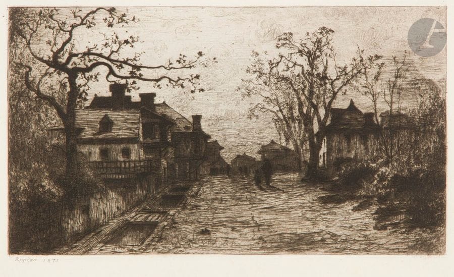 Adolphe APPIAN (1818-1898)
Rue du village d’Artemare (Ain). 1871. Eau-forte. 235 x 157. Curtis et Prouté 33. Très belle épreuve sur vergé, du 1er état (sur 4), avant toute lettre et avant réduction du cuivre. Infime oxydation aux bords du feuillet. Quelques rousseurs claires. Toutes marges non ébarbées. 