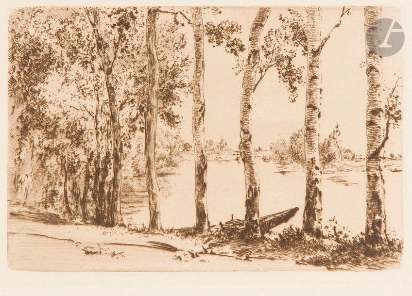 Félix BRACQUEMOND (1833-1914)
Les Arbres de la manufacture de Sèvres. 1873. Eau-forte. 318 x 140. Beraldi 209. Belle épreuve sur vergé, de la planche coupée. Rousseurs claires éparses. Toutes marges. Rare. Joint : Trembles au bord de la Seine. 1884. Eau-forte. 150 x 100. Beraldi 218. Parfaite épreuve sur vergé crème, du 2e état (sur 3), avant la mention de la Gazette des Beaux-Arts. Toutes marges. Ens. 2 p.