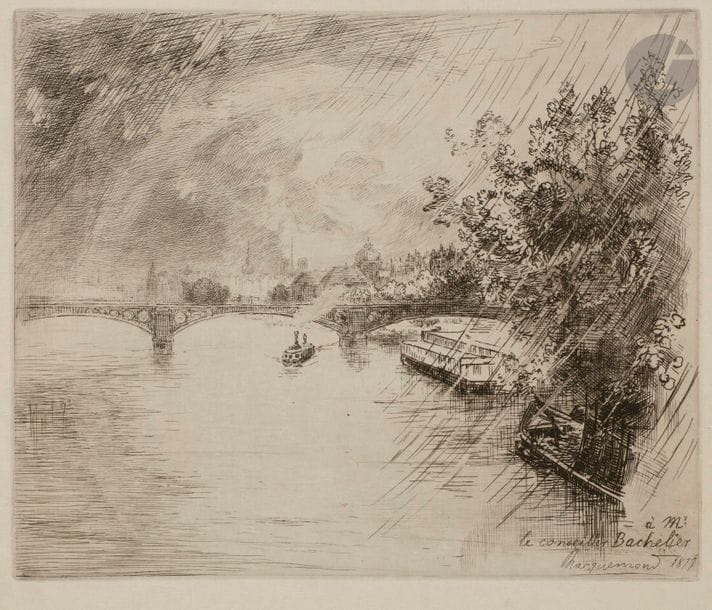 Félix BRACQUEMOND (1833-1914)
Vue du pont des Saints-Pères. 1877. Eau-forte et pointe sèche. 248 x 200. Beraldi 217. Parfaite épreuve sur japon vergé, l’une des 10 du 3e état (sur 4), avant la lettre et avant le tirage de L’Art. Toutes marges. 