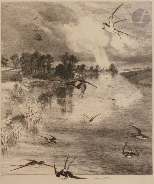 Félix BRACQUEMOND (1833-1914)
Hirondelles. (Pl. de la suite des Six Eaux-fortes). 1882-1887. Eau-forte. 275 x 335. Beraldi 225. Très belle épreuve sur vélin. Marges. Cadre. 