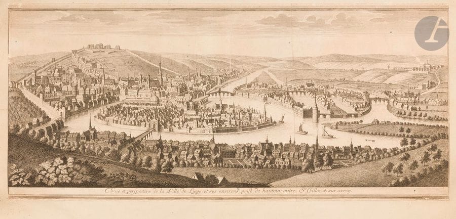 Cartographie – Topographie
[Liège]. Pl. des Délices du Païs de Liège ou Description des monuments sacrés & profanes de cet évêché-principauté, Liège, E. Kints éd., 1738-1744. Un vol. in-fol. comptant 83 feuillets portant les gravures au burin d’après les dessins de R. Le Loup collées par deux ou trois à la feuille. Belles épreuves rognées à l’intérieur du coup de planche, mais complètes de la tablette. Petits accrocs et épidermures en surface et traces de plis à la grande vue de Liège. 