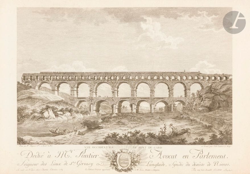 Cartographie – Topographie
[Nîmes]. Recueil des principales antiquités de la ville de Nîmes, dessinées d’après nature par Verany Guerin de l’Académie Royalle de Marseille. Nîmes, Buchet libraire, 1789. Un vol. in-fol. oblong relié à la ficelle comprenant un titre et 9 pl. Gravé par Guérin, Guibert, Laurent d’après les dessins de Guérin. Belles épreuves. Rousseurs, empoussiérage et quelques auréoles d’humidité à certaines pl. 