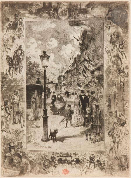 Félix BUHOT (1847-1898)
La Fête Nationale au boulevard Clichy. 1878. Eau-forte, pointe sèche et aquatinte. [235 x 312]. Bourcard-Goodfriend 127. Très belle épreuve sur vergé, timbrée (Lugt 977). Petites traces de colle oxydées dans les angles au verso. Filets de marges. 