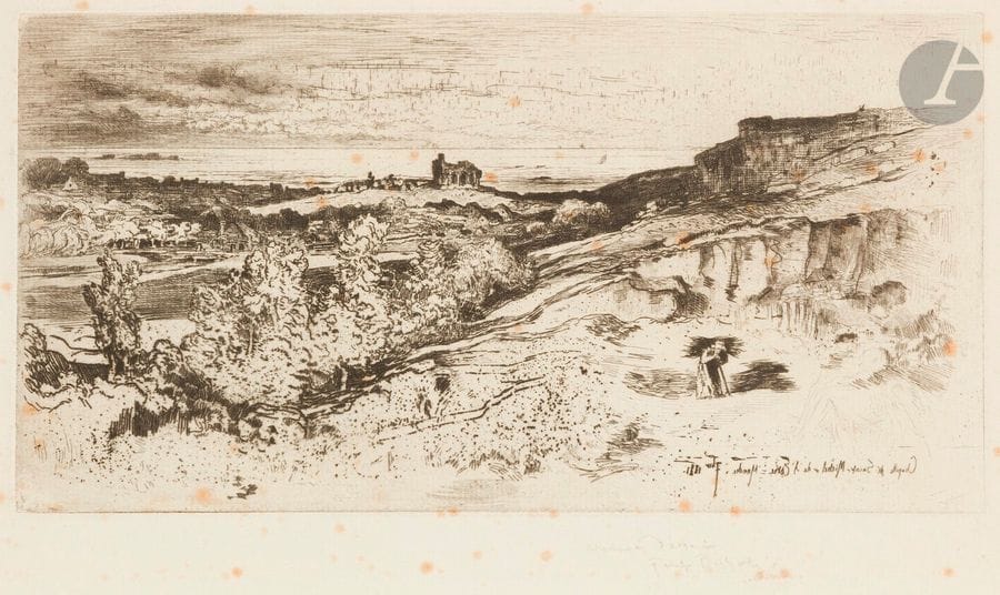 Félix BUHOT (1847-1898)
La Chapelle Saint-Michel à L’Estre. 1881. Eau-forte, pointe sèche et roulette. 272 x 140. Bourcard-Goodfriend 152. Très belle épreuve sur vergé blanc fort, annotée « epreuve d’essai » et signée au crayon. Annotation au crayon en tête à droite : « Les terrains plus marqués » ; puis en pied « Les terrains / la meilleure ; le ciel un peu plus gras ». Fortes rousseurs éparses. Petites traces de colle dans les angles et le long du bord droit au verso. Toutes marges. Ex-coll. H.-M. Petiet (Lugt 5031). 