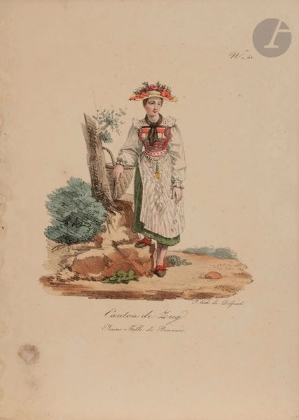 COSTUMES SUISSES
Un lot de 20 sujets (régions de Zug, Berne, les Grisons, Fribourg, Lucerne, Soleure, Switz, Glaris). Lithographie. Chaque [212 x 300]. Belles épreuves en coloris du temps. Petites auréoles claires d’humidité au bord gauche. Rousseurs éparses. Ens. 20 p. 