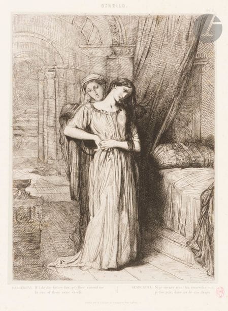 Théodore CHASSÉRIAU (1819-1856)
Desdemona – If I do die before thee… (Pl. 8 de la suite Othello). Eau-forte, burin, roulette, pointe sèche et aquatinte. 250 x 345. Beraldi 9 ; I.F.F. 6. Très belle épreuve du 1er tirage (1844), sur chine appliqué. Rousseurs claires éparses et courts plis de manipulation. Toutes marges. Ex-coll. E. D. Forgues (Lugt 743a).