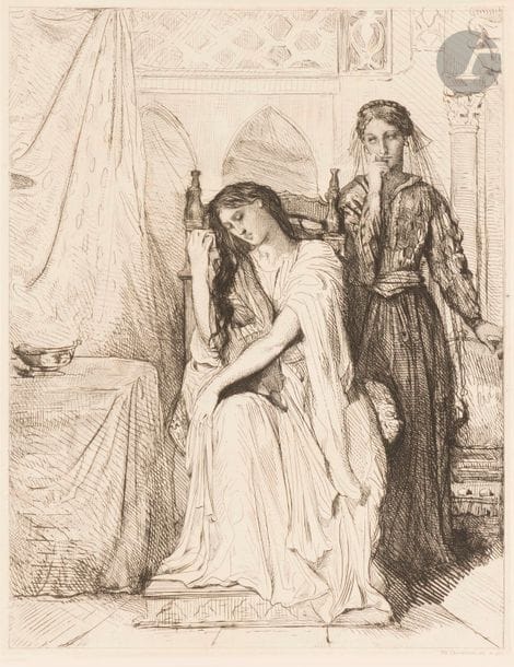 Théodore CHASSÉRIAU (1819-1856)
La Romance du saule. (Pl. 9 de la suite Othello). Eau-forte, burin, roulette, pointe sèche et aquatinte. 261 x 365. Beraldi 10 ; I.F.F. 6. Très belle épreuve du 1er tirage (1844), sur chine appliqué. Quelques très claires rousseurs. Marges étroites autour du coup de planche. 