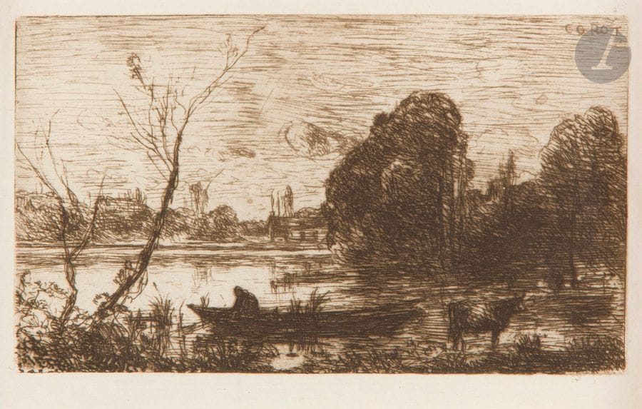 Jean Baptiste Camille COROT (1796-1875)
Ville d’Avray : l’étang au batelier. 1862. Eau-forte. 125 x 75. Delteil 3. Très belle épreuve sur vergé ancien blanc mince. Toutes marges. Ex-coll. A. Rouart (Lugt 2187a). 