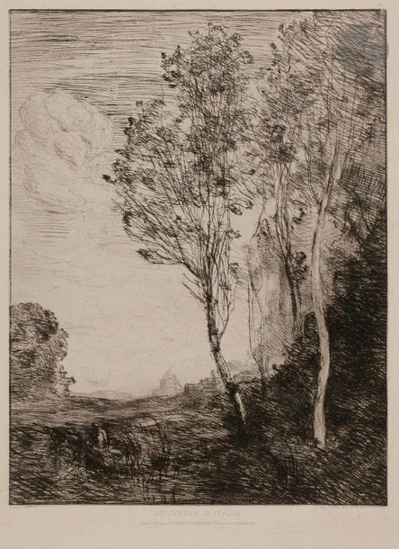 Jean Baptiste Camille COROT (1796-1875)
Souvenir d’Italie. 1863. Eau-forte. 235 x 320. Delteil 5. Très belle épreuve sur chine appliqué sur vélin blanc fort, du tirage pour un album Cadart. Un petit accroc en surface. Petites rousseurs claires, petite auréole d’humidité dans l’angle inférieur droit, courtes déchirures aux bords du feuillet. Toutes marges. 
