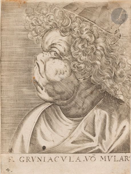 Anonyme (Müller ?)
F. Gruniacula võ Mular (tête grotesque). XVIe s. Burin. 112 x 152. Épreuve rognée au sujet, complète de la tablette. Petite tache d’encre dans le manteau en pied. Fortes traces de colle dans les angles au verso et salissures. Ex-coll. J.-J. Senon (Lugt non décrit). 