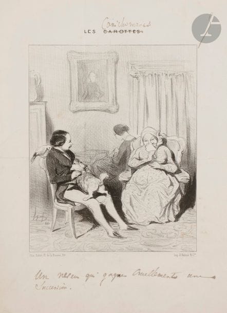 Honoré DAUMIER (1808-1879)
Un neveu qui gagne cruellement une succession. (Les Canichomanes, pl. 5). 1843. Lithographie. 178 x 220. Delteil 1378. Belle et unique épreuve du rare 1er état (sur 3), avant la légende, cette dernière portée à la plume et à l’encre sépia, le titre de série imprimé « Les Carottes » biffé et corrigé à la plume, tirée au verso d’une épreuve de la pl. 17 du Voyage en Chine, cette dernière biffée d’une croix. Plis verticaux et horizontaux de messagerie. Empoussiérage aux bords du feuillet. Toutes marges. . Ex-coll. R. Gaston-Dreyfus (Lugt non décrit).