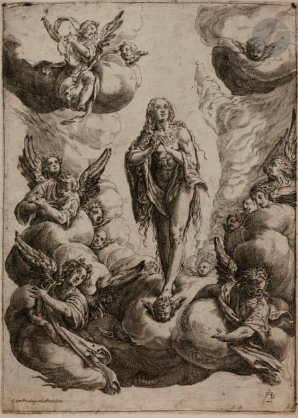 Cherubino Alberti (1553-1615)
Sainte Madeleine enlevée au Ciel par les anges. Eau-forte. 200 x 281. Bartsch 63. Très belle épreuve, poussée au noir. Restes de colle et infimes épidermures dans les angles au verso. Bande de papier gommé en tête au verso. Marges étroites. 