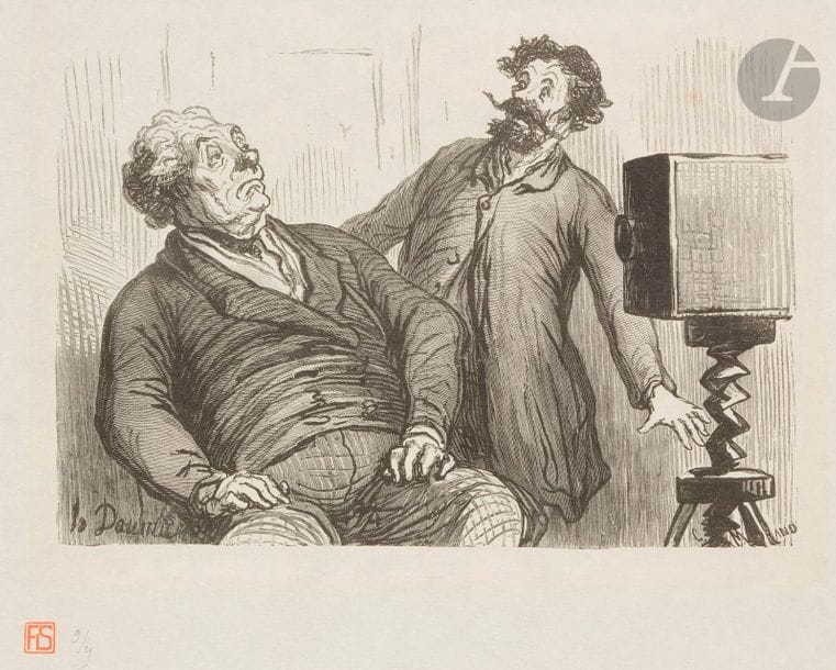 Honoré Daumier (1808-1879) (d’après)
Photographe et photographie ; Intérieur d’omnibus ; Les Chemins de fer : les voyageurs du dimanche. Sujets gravés sur bois pour Le Monde Illustré. 1862-1869. Gravé sur bois par Maurand. Chaque env. 225 x 165. Très belles épreuves du tirage effectué par F.-L. Schmied pour Jules Meynial en 1920, revêtues du timbre rouge de F.-L. Schmied (Lugt non décrit) et numérotées au crayon, d’un tirage à 25 épreuves sur chine volant. Trace d’oxydation à l’ouverture du passe-partout à 2 p. Toutes marges. Tirage total à 100 épreuves. Ens. 3 p. 