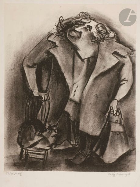 Adolf Arthur Dehn (1895-1968)
Vue de Montmartre ; My Femme de ménage ; Blind Man of Montparnasse ; Applause ; Concierge. 1925-1928. Lithographie. Formats divers. Belles épreuves sur chine appliqué, annotées, titrées, signées et datées, une dédicacée au crayon. Traces grises obliques en travers des sujets (liée au passage du râteau défectueux sous la presse). Auréoles claires d’humidité, empoussiérage, salissures et menus accidents aux bords des feuillets. Toutes marges. Ens. 5 p. 

Ces lithographies caricaturales sont un témoignage mordant du séjour que fit l’artiste à Paris, où il rencontra sa première femme, la danseuse Mura Ziperovitch qui avait fui la Russie. En 1929, tous deux regagnèrent New York. Plus tard Dehn contribua au développement du groupe des « American Artists » et enseigna la lithographie.
