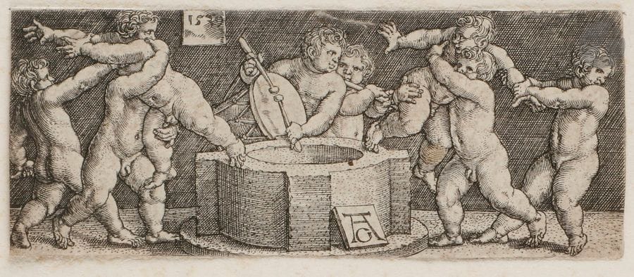 Heinrich Aldegrever (1502-c. 1555/1561)
Des enfants précipitant deux de leurs compagnons dans un puits. 1539. Burin. 90 x 36. Bartsch 267. Belle épreuve rognée au sujet. Petites traces de colle au verso. Ex-coll. Th. Falkeisen et J. F. Huber (Lugt 1008).