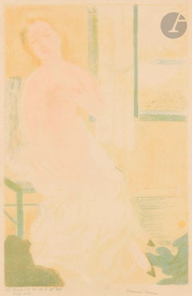 Maurice DENIS (1870-1943)
Mais c’est le cœur qui bat trop vite. (Suite Amour, pl. 12). 1892-1899. Lithographie. 299 x 463. Cailler 117 ; Johnson 32-12. Impression en couleurs. Très belle épreuve sur vélin mince, signée au crayon. Trace d’oxydation à l’ouverture d’un ancien montage. Petits restes de papier gommé dans les angles en tête au recto. Toutes marges. Tirage à 100 épreuves. A. Vollard éd.