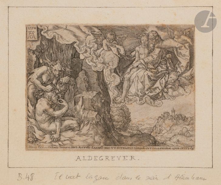 Heinrich Aldegrever (1502-c. 1555/1561)
Il voit Lazare dans le sein d’Abraham. (Pl. de La Parabole du mauvais riche). 1554. Burin. 106 x 80. Bartsch 48. Bonne épreuve rognée au coup de planche, collée par les angles sur vergé. 