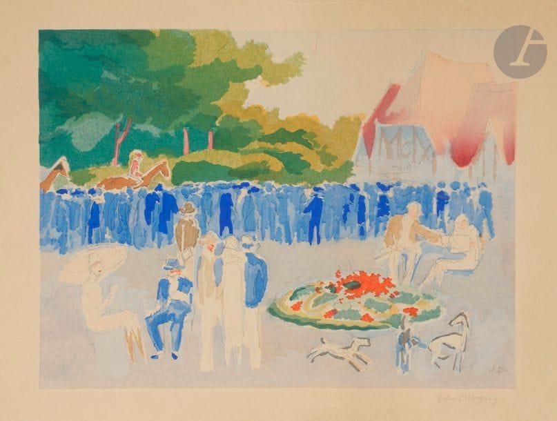 Kees van Dongen (1877-1968) 
Le Grand Prix de Normandie ; Le Gala du costume de bain, Deauville 1930. (Pl. pour le portefeuille Deauville, aquarelles de Van Dongen, textes de Paul Poiret, 1931). Pochoir en couleurs. 347 x 256. Juffermans JM 5 et 7. Très belles épreuves sur japon, signées au crayon. Quelques fines traces de plis. Infimes bandes d’oxydation en pied d’une pl. Toutes marges. Ens. 2 p. 