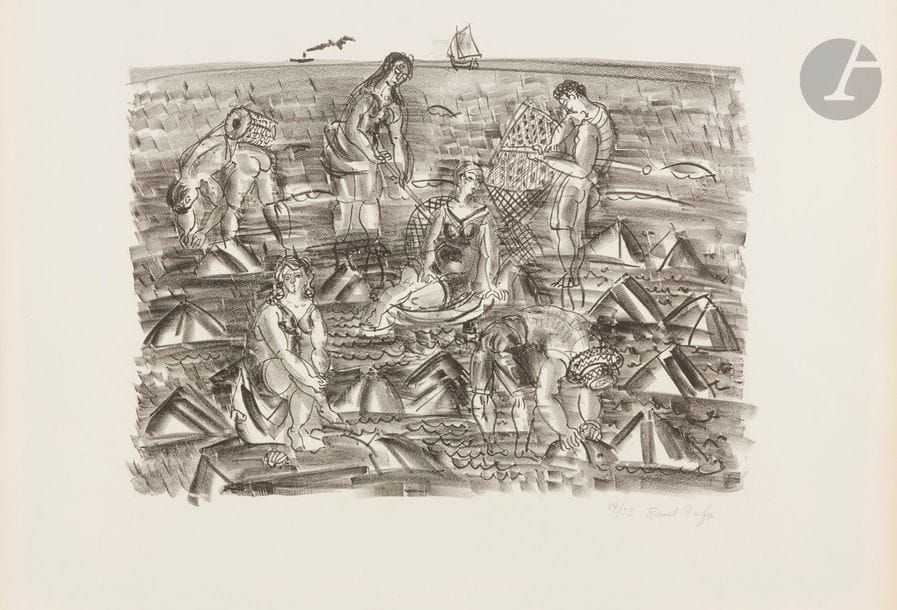 Raoul DUFY (1877-1953)
La Mer. (Paris, éd. de l’Étoile, 1925). Un album in-fol. contenant la suite complète des 6 pl. (Pêcheurs, Le Plongeoir, Les Régates, La Baigneuse, Ondines, L’Assiette aux poissons). Très belles épreuves sur vélin blanc fort, numérotées et signées (3 du monogramme) au crayon. Petites rousseurs claires et taches d’encre noire marginales à une pl. Cartonnage toilé bleu à rabats de l’édition, dos et coins toilés, défraîchi, cordons manquants, avec étiquette illustrée sur le 1er plat. Rare. Tirage à 33 épreuves. 