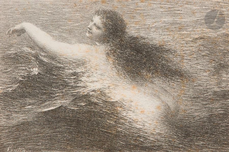 Henri FANTIN-LATOUR (1836-1904)
Ondine. 1896. Lithographie. 233 x 160. Hédiard-Mason 129. Belle épreuve sur chine appliqué, signée au crayon. Forte oxydation du vélin de support, collé par les bords sur carton. Rousseurs claires. Toutes marges.