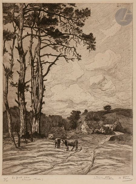 Amédée Féau (1872-1952)
Les Grands arbres, Le Conquet (Finistère). 1909. Eau-forte. 390 x 515. I.F.F. 3. Belle épreuve sur vélin fort, numérotée, titrée, dédicacée « à Monsieur Detraye / souvenir reconnaissant » et signée au crayon. Rousseurs claires et légères traces d’oxydation. Restes d’adhésif oxydés aux bords du feuillet au verso. Toutes marges. Tirage à 40 épreuves. 