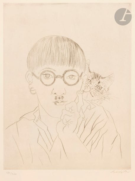Léonard-Tsuguharu FOUJITA (1886-1968)
Autoportrait, le chat sur l’épaule. 1927. Pointe sèche. 247 x 330. Buisson 27-02. Parfaite épreuve sur vélin crème fort, numérotée et signée au crayon. Toutes marges. Tirage à 150 épreuves. Timbre sec : Le Chien de Pique (Lugt 4622).