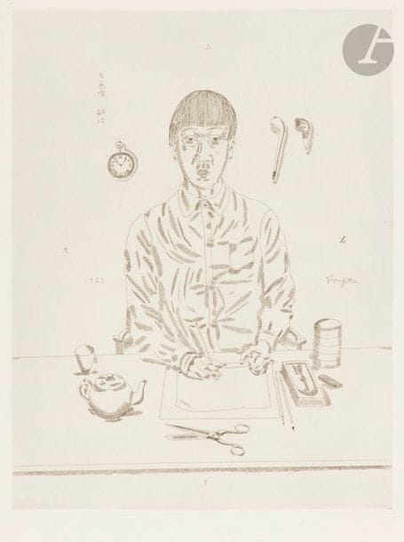 Léonard-Tsuguharu FOUJITA (1886-1968)
Autoportrait. 1923. Eau-forte. 317 x 415. Johnson 58 ; Buisson 23-22. Très belle épreuve sur vélin blanc fort, non signée comme à l’ordinaire. Quelques infimes rousseurs claires. Toutes marges non ébarbées. Tirage à environ 150 épreuves. A. Vollard éd.